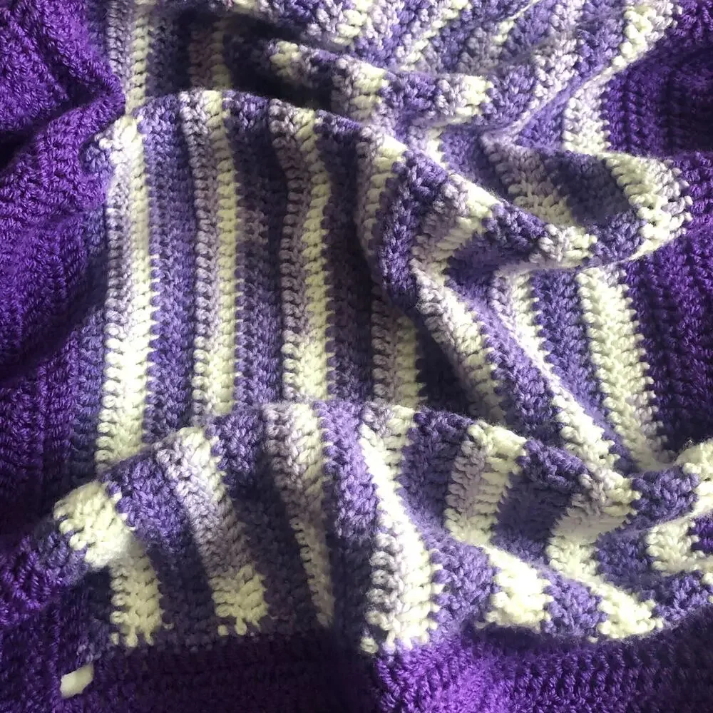 Handmade Crochet Afghan Throw Baby Blanket Purple White Soft VTG Style